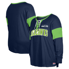 Seattle Seahawks New Era Women's Plus Size Lace-Up Notch Neck Long Sleeve T-Shirt College Navy