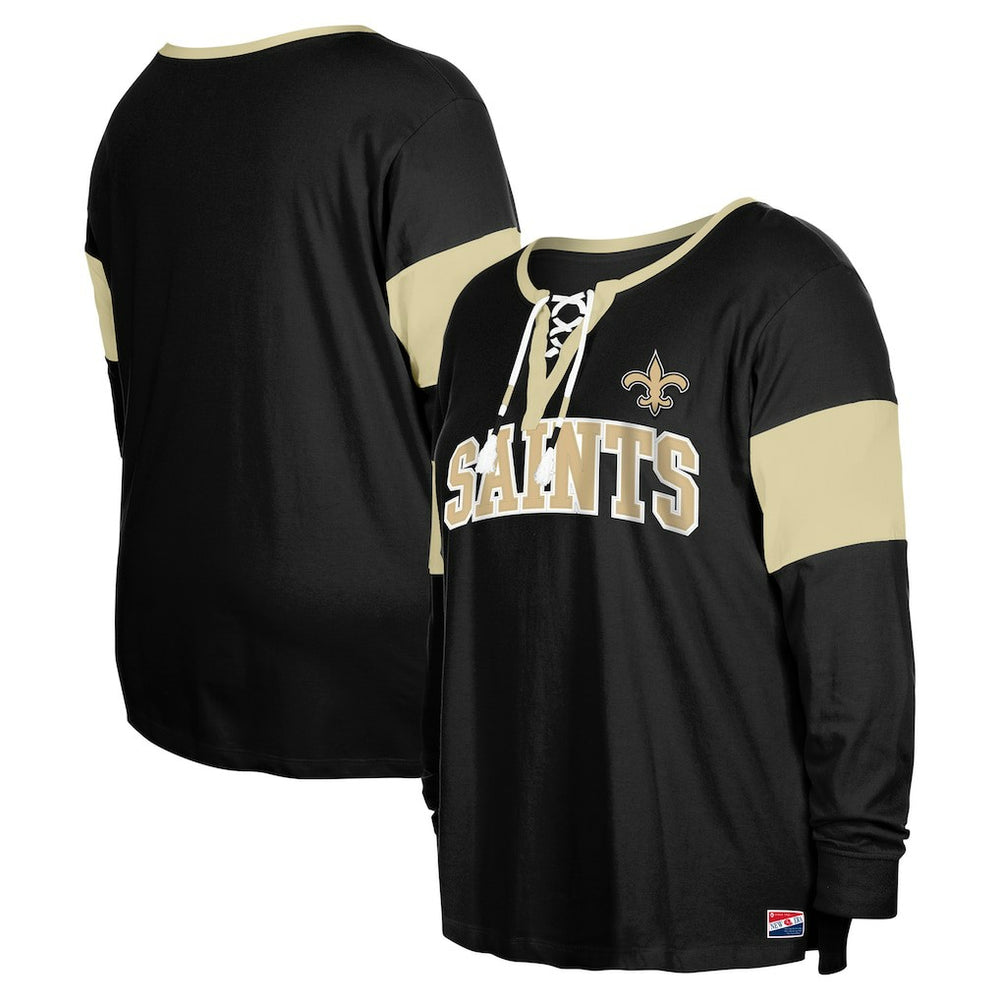 New Orleans Saints New Era Women's Plus Size Lace-Up Notch Neck Long Sleeve T-Shirt Black