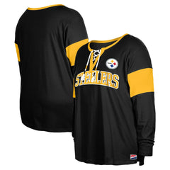 Pittsburgh Steelers New Era Women's Plus Size Lace-Up Notch Neck Long Sleeve T-Shirt Black