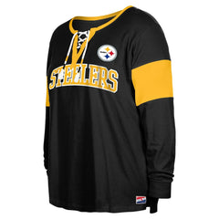 Pittsburgh Steelers New Era Women's Plus Size Lace-Up Notch Neck Long Sleeve T-Shirt Black
