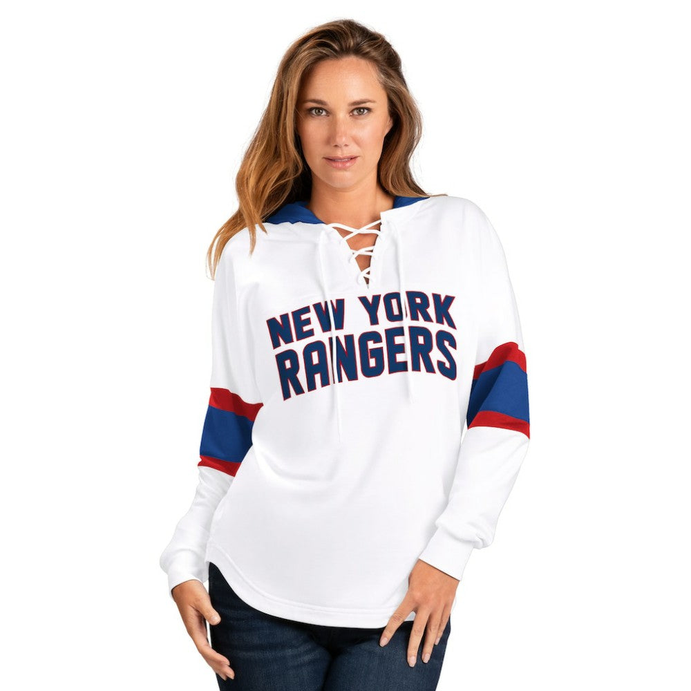 NHL New York Rangers G-III 4Her by Carl Banks Women's Goal Zone Long Sleeve Lace-Up Hoodie T-Shirt - White/Blue