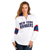 NHL New York Rangers G-III 4Her by Carl Banks Women's Goal Zone Long Sleeve Lace-Up Hoodie T-Shirt - White/Blue