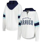 NHL Seattle Kraken G-III 4Her by Carl Banks Women's Goal Zone Long Sleeve Lace-Up Hoodie T-Shirt - White/Deep Sea Blue