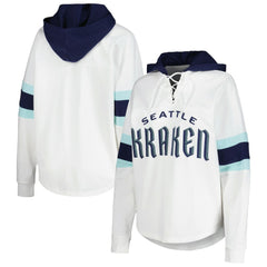 NHL Seattle Kraken G-III 4Her by Carl Banks Women's Goal Zone Long Sleeve Lace-Up Hoodie T-Shirt - White/Deep Sea Blue