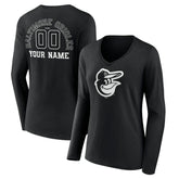 Baltimore Orioles Women's Monochrome Personalized Name & Number Long Sleeve V-Neck T-Shirt - Black T-shirts
