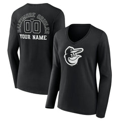 Baltimore Orioles Women's Monochrome Personalized Name & Number Long Sleeve V-Neck T-Shirt - Black T-shirts