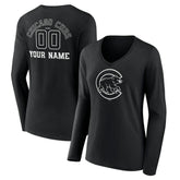 Chicago Cubs Women's Monochrome Personalized Name & Number Long Sleeve V-Neck T-Shirt - Black T-shirts