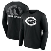 Cincinnati Reds Monochrome Personalized Name & Number Long Sleeve T-Shirt - Black T-shirts
