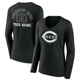 Cincinnati Reds Women's Monochrome Personalized Name & Number Long Sleeve V-Neck T-Shirt - Black T-shirts