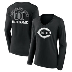 Cincinnati Reds Women's Monochrome Personalized Name & Number Long Sleeve V-Neck T-Shirt - Black T-shirts