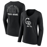 Colorado Rockies Women's Monochrome Personalized Name & Number Long Sleeve V-Neck T-Shirt - Black T-shirts