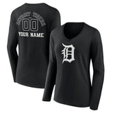 Detroit Tigers Women's Monochrome Personalized Name & Number Long Sleeve V-Neck T-Shirt - Black T-shirts
