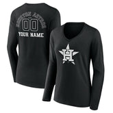 Houston Astros Women's Monochrome Personalized Name & Number Long Sleeve V-Neck T-Shirt - Black T-shirts
