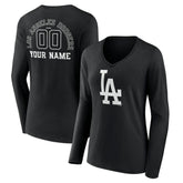 Los Angeles Dodgers Women's Monochrome Personalized Name & Number Long Sleeve V-Neck T-Shirt - Black T-shirts