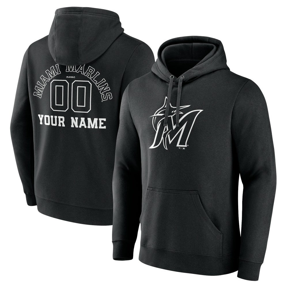 Miami Marlins Monochrome Personalized Name & Number Pullover Hoodie - Black Hoodies