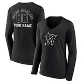 Miami Marlins Women's Monochrome Personalized Name & Number Long Sleeve V-Neck T-Shirt - Black T-shirts