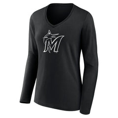 Miami Marlins Women's Monochrome Personalized Name & Number Long Sleeve V-Neck T-Shirt - Black T-shirts