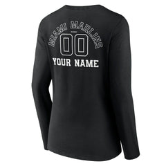 Miami Marlins Women's Monochrome Personalized Name & Number Long Sleeve V-Neck T-Shirt - Black T-shirts