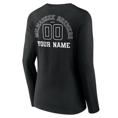 Milwaukee Brewers Women's Monochrome Personalized Name & Number Long Sleeve V-Neck T-Shirt - Black T-shirts