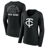 Minnesota Twins Women's Monochrome Personalized Name & Number Long Sleeve V-Neck T-Shirt - Black T-shirts
