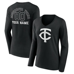 Minnesota Twins Women's Monochrome Personalized Name & Number Long Sleeve V-Neck T-Shirt - Black T-shirts