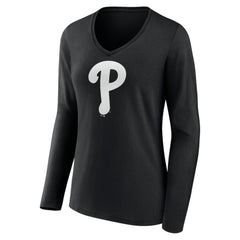 Philadelphia Phillies Women's Monochrome Personalized Name & Number Long Sleeve V-Neck T-Shirt - Black T-shirts