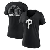 Philadelphia Phillies Women's Monochrome Personalized Name & Number V-Neck T-Shirt - Black T-shirts