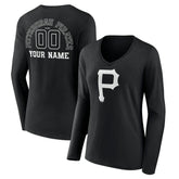 Pittsburgh Pirates Women's Monochrome Personalized Name & Number Long Sleeve V-Neck T-Shirt - Black T-shirts