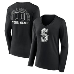 Seattle Mariners Women's Monochrome Personalized Name & Number Long Sleeve V-Neck T-Shirt - Black T-shirts