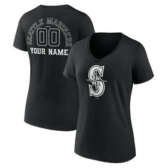 Seattle Mariners Women's Monochrome Personalized Name & Number V-Neck T-Shirt - Black T-shirts