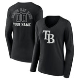 Tampa Bay Rays Women's Monochrome Personalized Name & Number Long Sleeve V-Neck T-Shirt - Black T-shirts