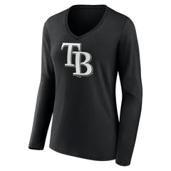 Tampa Bay Rays Women's Monochrome Personalized Name & Number Long Sleeve V-Neck T-Shirt - Black T-shirts