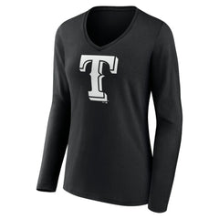 Texas Rangers Women's Monochrome Personalized Name & Number Long Sleeve V-Neck T-Shirt - Black T-shirts
