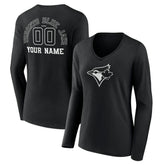 Toronto Blue Jays Women's Monochrome Personalized Name & Number Long Sleeve V-Neck T-Shirt - Black T-shirts
