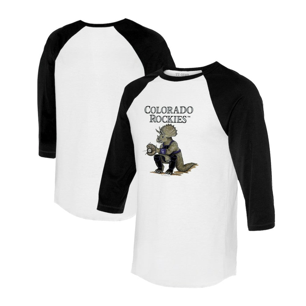 Colorado Rockies Tiny Turnip Unisex Triceratops 3/4-Sleeve Raglan T-Shirt - White/Black T-shirts