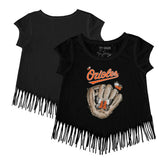 Baltimore Orioles Tiny Turnip Girls Youth Butterfly Glove Fringe T-Shirt - Black T-shirts