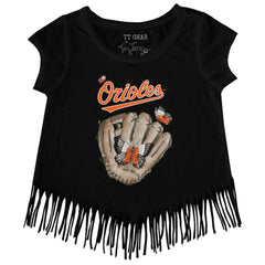 Baltimore Orioles Tiny Turnip Girls Youth Butterfly Glove Fringe T-Shirt - Black T-shirts