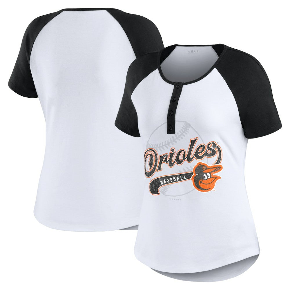 Baltimore Orioles WEAR by Erin Andrews Women's Fitted Henley Raglan T-Shirt - White/Black T-shirts