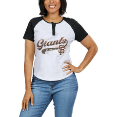 San Francisco Giants WEAR by Erin Andrews Women's Fitted Henley Raglan T-Shirt - White/Black T-shirts