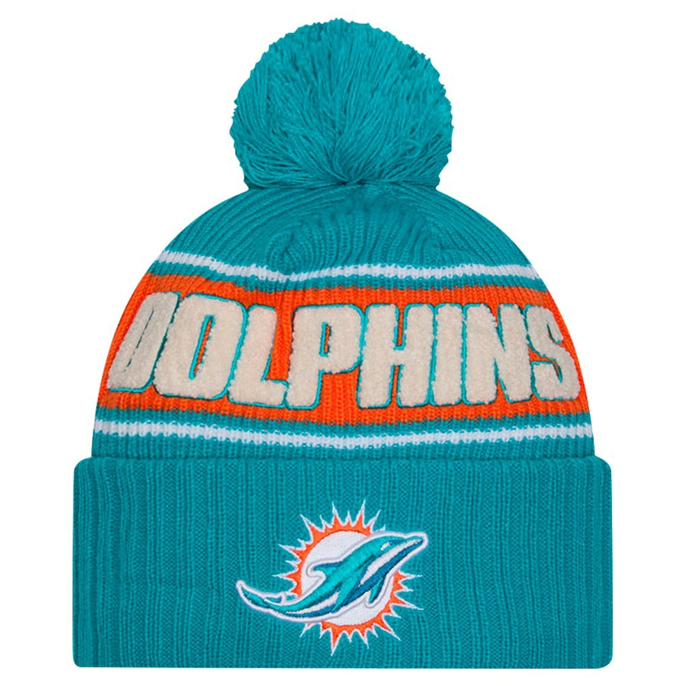 Miami Dolphins New Era 2024 Sideline Cuffed Knit Hat with Pom Aqua