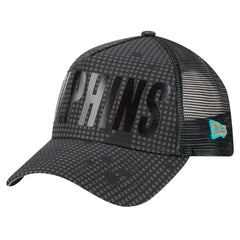 Miami Dolphins New Era Midnight Ink Tonal Text A-Frame Trucker 9FORTY Adjustable Hat Black
