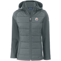 Pittsburgh Steelers Cutter & Buck Women's Evoke PrimaLoft Hybrid Eco Softshell Recycled Full-Zip Hooded Jacket Gray