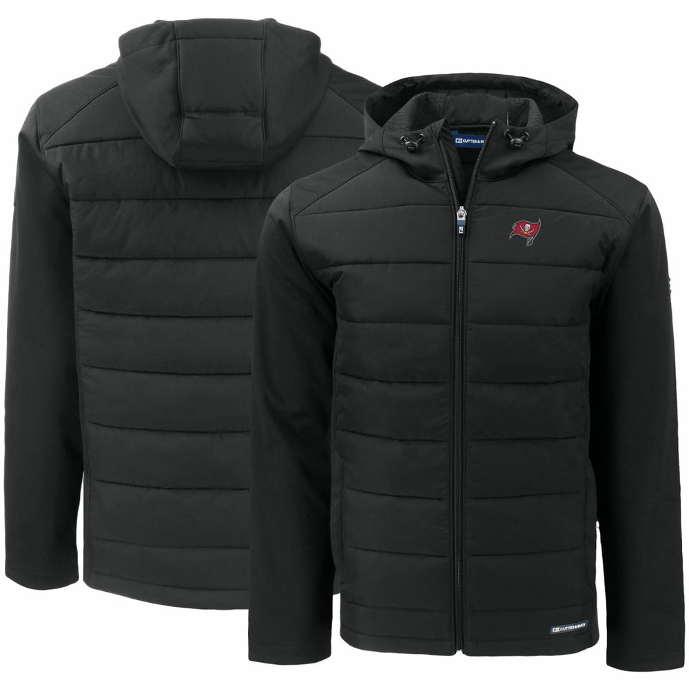 Tampa Bay Buccaneers Cutter & Buck Evoke PrimaLoft Hybrid Eco Softshell Recycled Full-Zip Hooded Jacket Black
