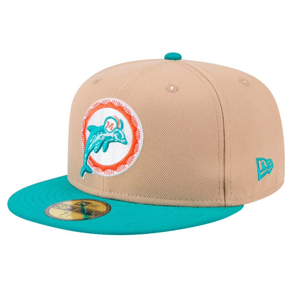 Miami Dolphins New Era Throwback Logo Main 59FIFTY Fitted Hat Tan