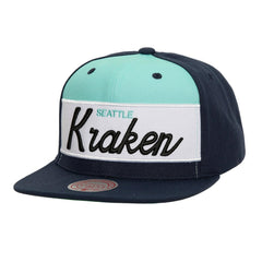 NHL Seattle Kraken Mitchell & Ness Retro Script Colorblock Snapback Hat - Deep Sea Blue