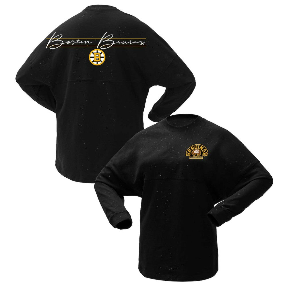 NHL Boston Bruins Fanatics Women's 100th Anniversary Sparkle Spirit Jersey T-Shirt - Black