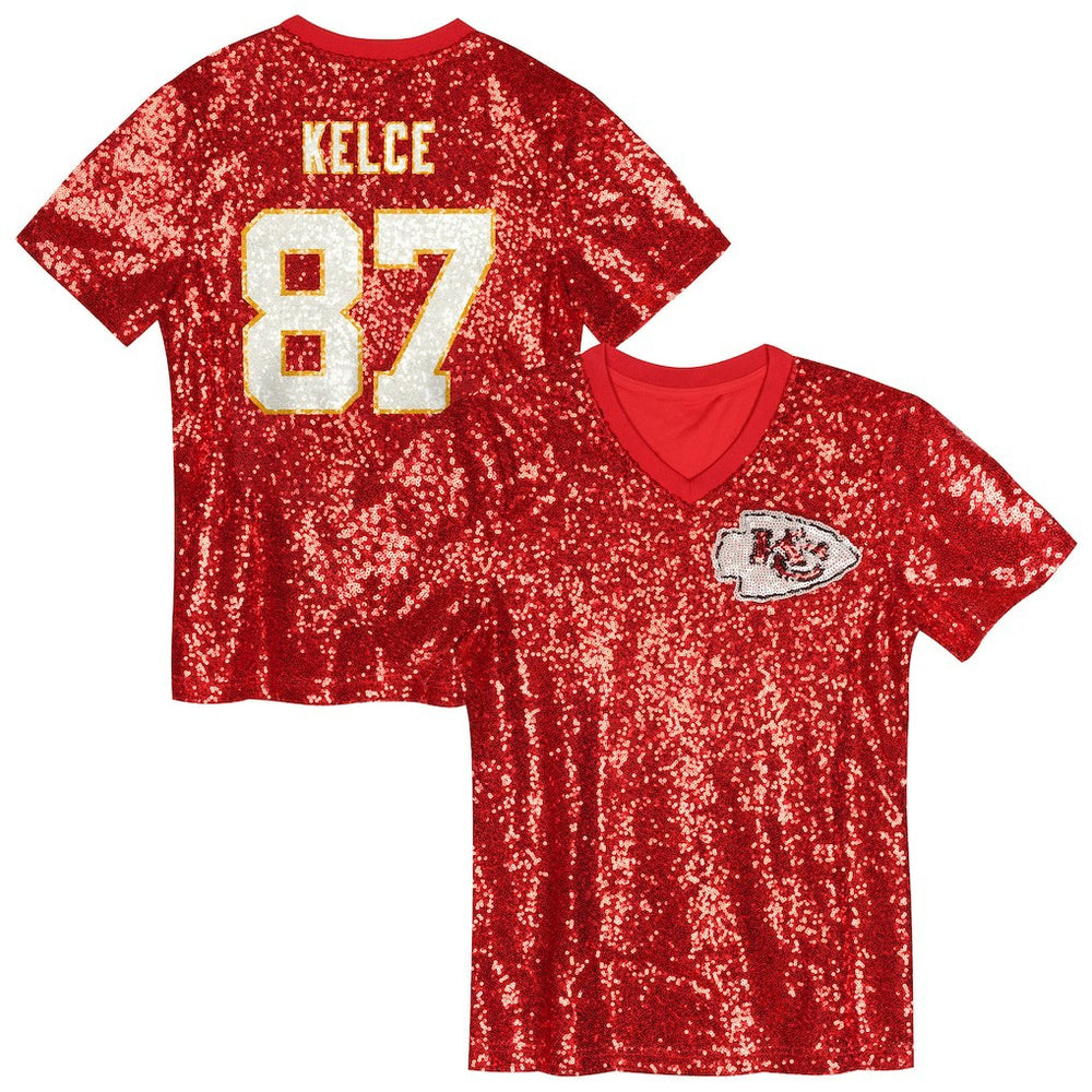 NFL Travis Kelce Kansas City Chiefs Girls Youth Sequin V-Neck Fashion Jersey - Red outlet