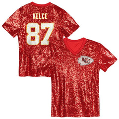 NFL Travis Kelce Kansas City Chiefs Girls Youth Sequin V-Neck Fashion Jersey - Red outlet