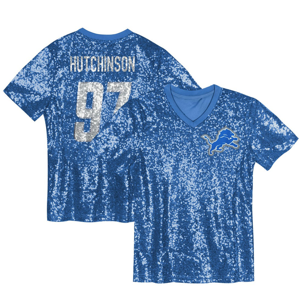 NFL Aidan Hutchinson Detroit Lions Girls Youth Sequin V-Neck Fashion Jersey - Blue discount