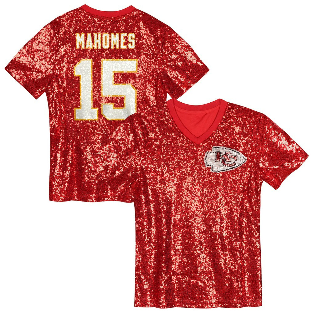 NFL Patrick Mahomes Kansas City Chiefs Girls Youth Sequin V-Neck Fashion Jersey - Red discount